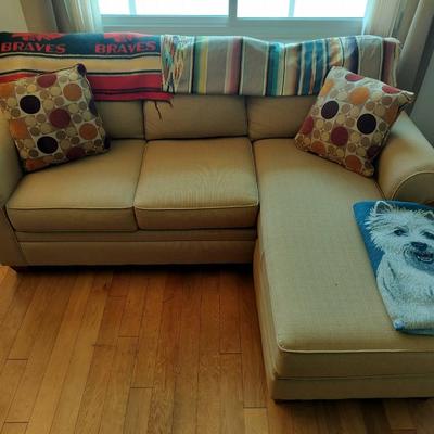 Upholstered L Shaped Sofa Chaise + All Pillows/Blankets