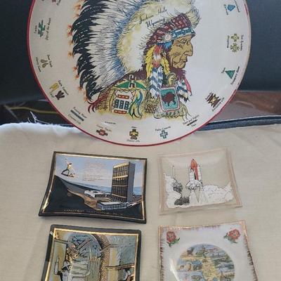 Indian Chief Symbols Unbreakable tray , Space shuttle United Nations Freeport collectors dishes.