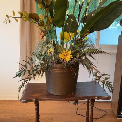 Wooden Antique Side Table & Artificial Lightup Birds Of Paradise Potted Flowers 