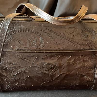 Vintage 60s Gaitan Artisan Hand Tooled Carved Leather Double Handle Purse Mexico