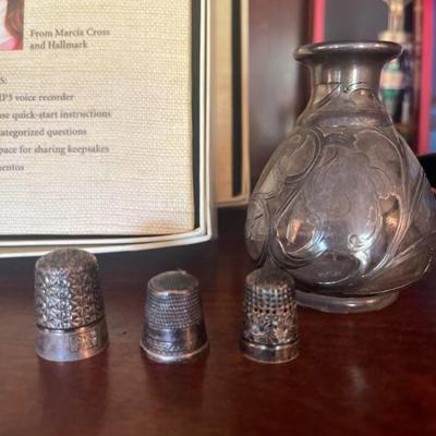 THIMBLES AND STERLING SILVER ETHCHED BOTTLE