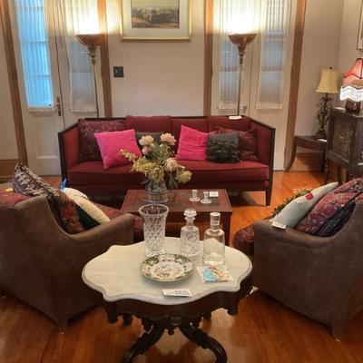 Nice sofa, brass and copper torchiere lamps