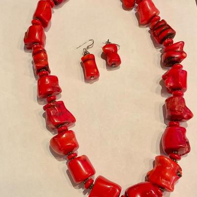 Red coral necklace and earrings