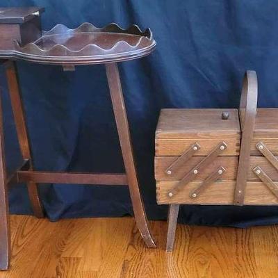 Wood Sewing Basket & Side Table Pair