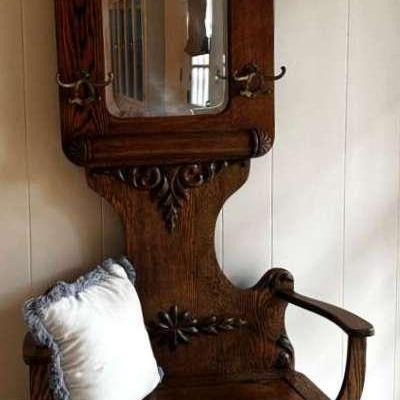 Oak Hall Tree Seat with Mirror & Coat Racks