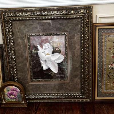 Unique Floral Art Pieces Including Asian Embroidered Silk