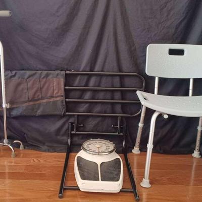 Midline Shower Chair, Hurricane/Carex Walking Canes, Under Mattress Support Ramp, And A Weight Scale