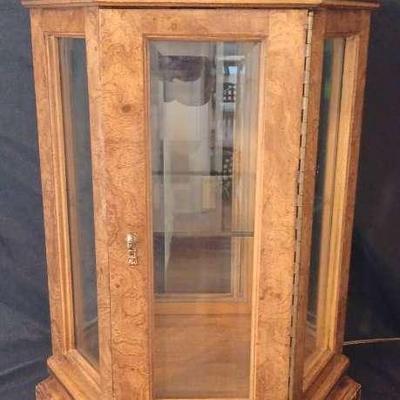 Vintage Hexagon Wooden Curio Cabinet With Glass Sides, Light, And Glass Shelf