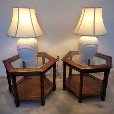 Two Glass Top End Tables & Matching Lamps 