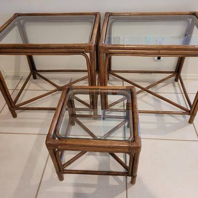Three Glass Top Rattan End Tables 