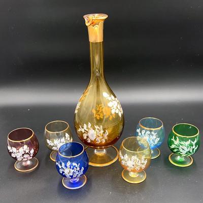Italian Glass Decanter and Glasses Hand Painted Floral