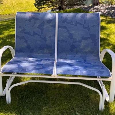Outdoor Glider Bench with Blue Floral Sling Seat