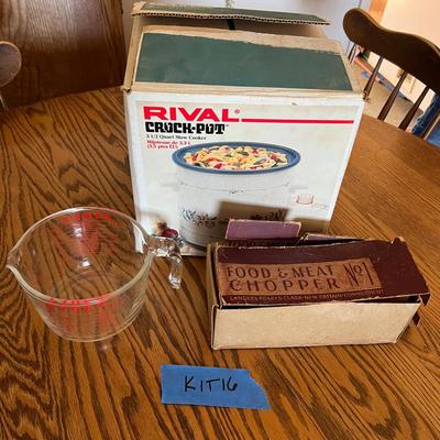 Vintage Kitchen Essentials; Crock Pot, Meat Grinder, Pyrex Measuring Cup