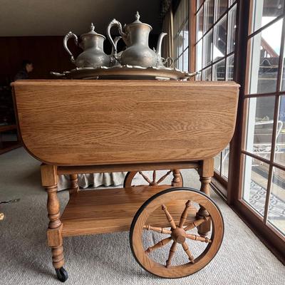 Antique Bar Cart + Pewter Tea Set On Tray