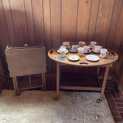 Tea Cart on Wheels, Tea Cups & Vintage TV Tray Set