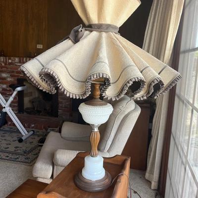 Mid Century Wood And Brass And Milk Glass Lamp Paired With Maple Side Table 