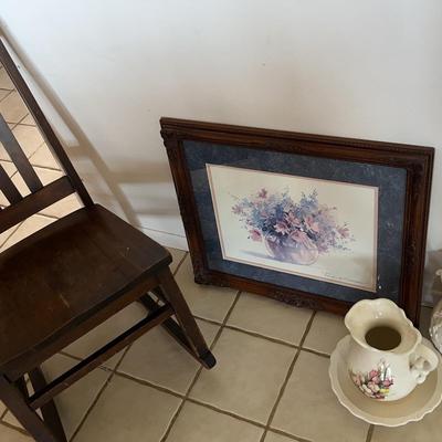 VIntage Rocking Chair, Framed Floral Watercolor By Pratil Destdirta & Floral Water Pitchers