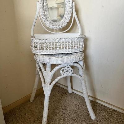 White Wicker Stool & Mirror Vanity