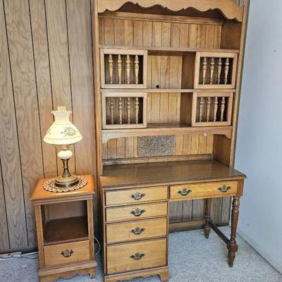Two Piece Hutch Desk With Matching Side Table And Vintage Lamp 
