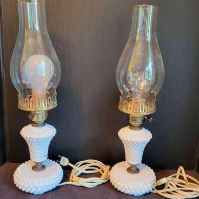 Pair of White Hobnail Lamps (D)