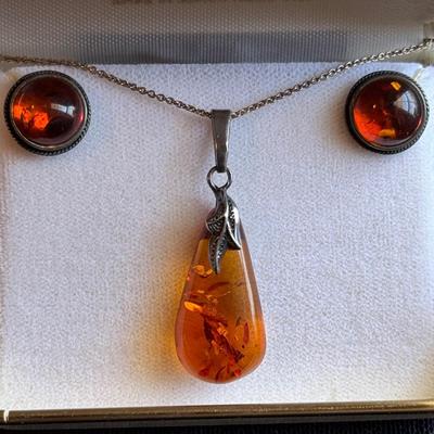 Amber Drop Pendant and Earrings
