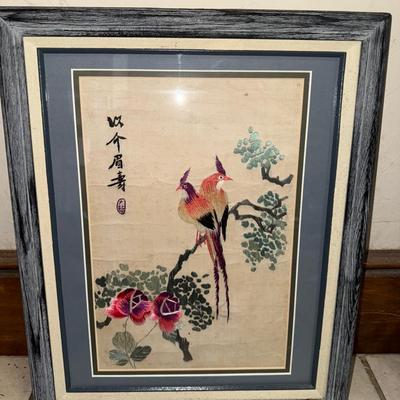 Chinese Birds Silk Embroidery Signed 