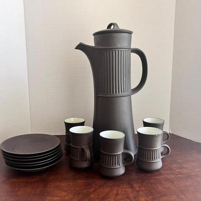 Dansk Water Pitcher w/ Lid, 5 Cups & 6 Saucers Dark Brown 