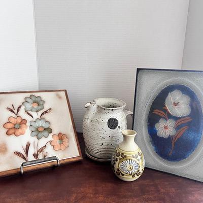 Speckled Pottery Jug & Plate, Wood Framed Tile Italy, Handpainted Bud Vase Japan