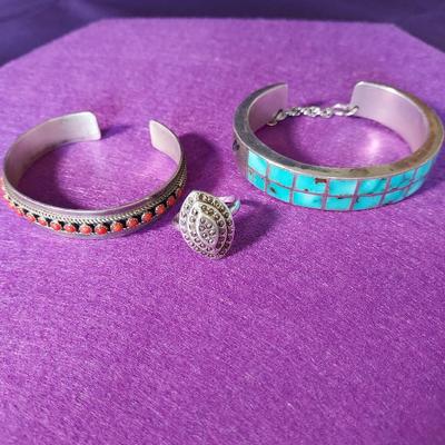 Silver Turquoise Cuff Bracelet, Sterling Child’s Bracelet Yazzie, Sterling Ring Sz 7