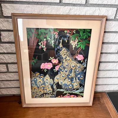 Embroidery Glass Framed Peacock Bird Pair w/ Tree Flowers