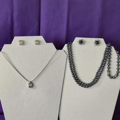 Hematite Gemstone Bracelet, Hematite Necklace, Black Faux Pearl Earrings
