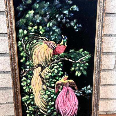 Handpainted Birds on Black Velvet Framed Wall Art 