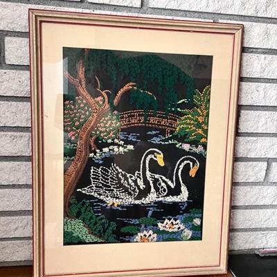 Embroidery Framed under Glass Art Swans River w/ Bridge Tree 