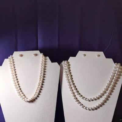(2) Strands of Pearls 14k, 2 Pearl Earrings Pink & White 