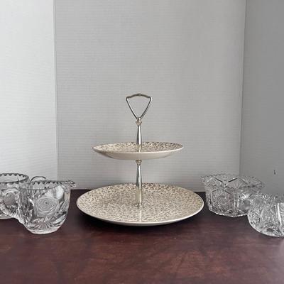 Homer Laughlin 22k Gold 2 Tier Tray, Cut Glass Cream/sugar, Etch Roses Cream/sugar 