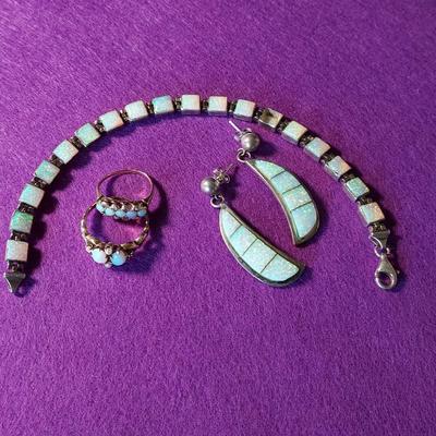 Sterling Opal Bracelet & Earrings Nelson, Opal Pearl Ring Sz 7, Gold Opal Crystal Ring Sz 5