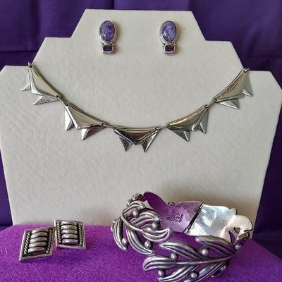 Sterling Necklace Renoir, 2 Piecred Earrings .925, Leaf Motif Hinged Bracelet .925