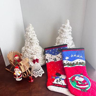 Vintage Handmade Quilt Stockings, (2) White Crochet Trees, Wicker Sleigh & More