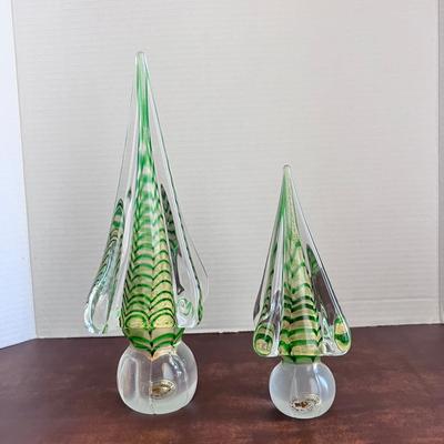 Murano Glass Trees (2) Green Gold Swirls Pair 