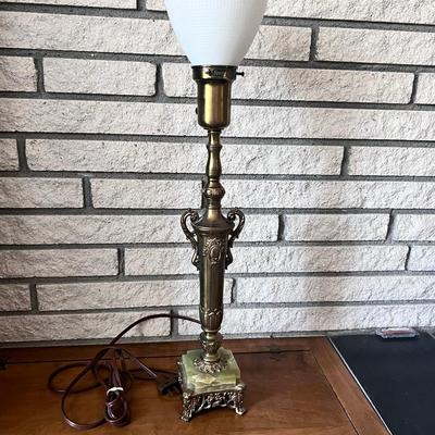 Antique Brass Lamp Green Stone Base Footed w/ Milk Glass Shade