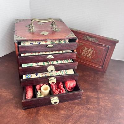 Antique Chinese Mahjong Set 5 Drawer Box 1920 Brass Corners Sliding Door 