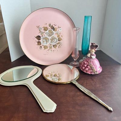 Handpainted Metal Pink Plate Roses, (2) Glass Bud Vase, Josef Original “Denise”, (2) Handheld Mirror