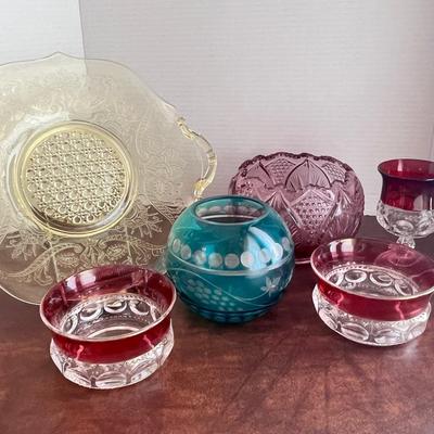 Colored Glass Lot Red Thumbprint Dish, Blue Etch Vase, Yellow Serving Tray, Pink Bowl 