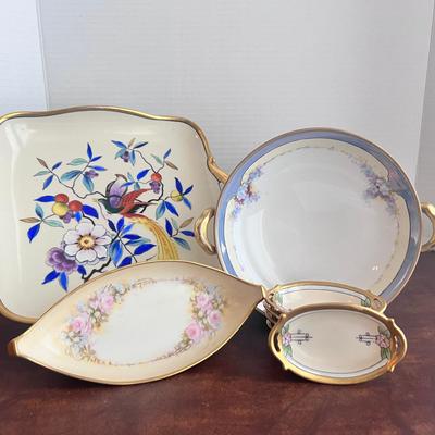 Nippon & Noritake Dishes Lot Small Oval Bowls Handled Round Bowl Plate w/ Gold Trim