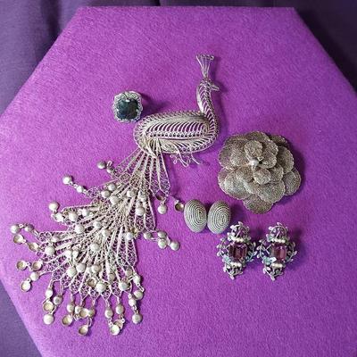 .925 Clip Earrings, Silver Filigree Peacock & Flower Brooches, Silver Green Milicite Ring Sz 6