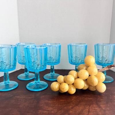 Westmoreland Opalescent Blue Glass Goblets (6), Stone Grape Bunch w/wood Stem