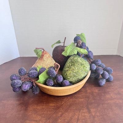 Beaded Fruit Grapes Pear Apples w/ Myrtle Wood Bowl 