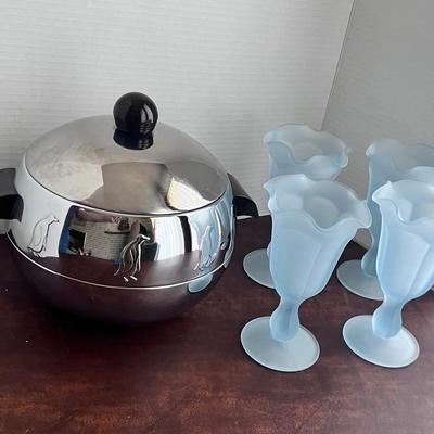 Vintage Penguin Aluminum Round Ice Bucket w/ Lid, (4) Frosted Blue Glass Sundae Cups