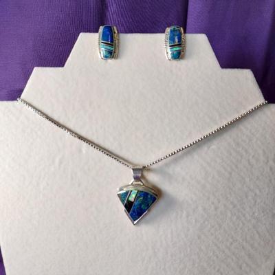 Sterling Necklace & Clip Earrings Opal Black Jet Turquoise Albert Francisco 