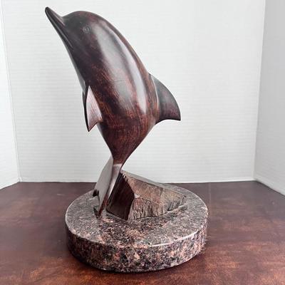 Ironwood Dolphin on Marble Base Sculpture 